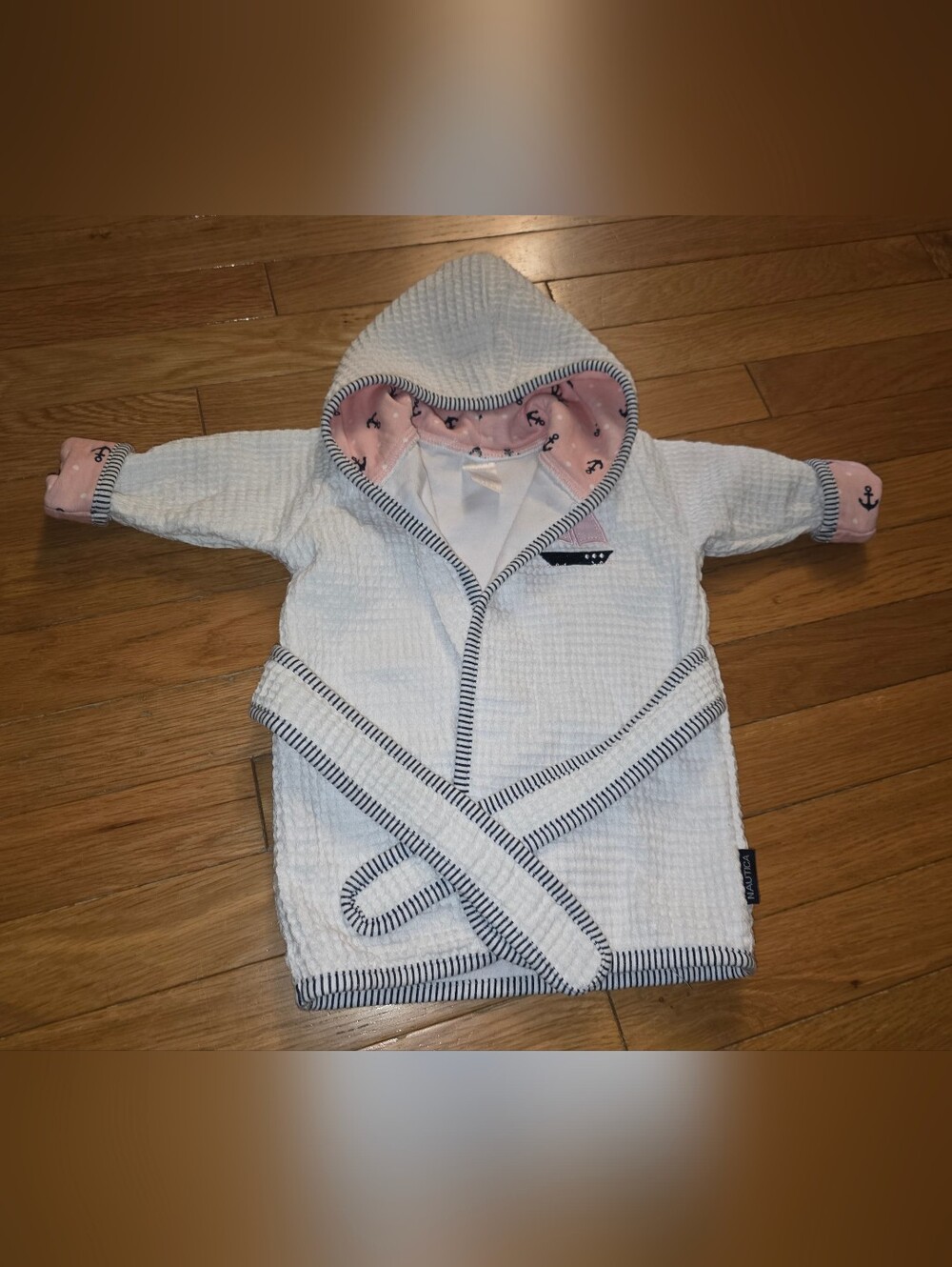 Nautica Infant 0-9 Mth Cream Waffle-Knit Kids Hooded Robe Pink Sailboat Lining - Picture 2 of 13